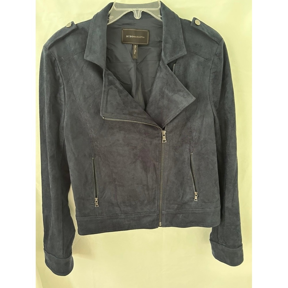 BCBGMAXAZRIA Navy Blue Faux Suede Moto Jacket Asymmetrical Zip Size L